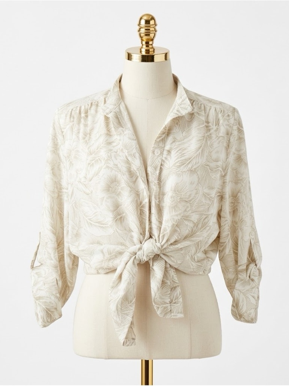 Bon Worth Tropical Floral Button Down Roll Tab Sleeve Linen Look Blouse MP